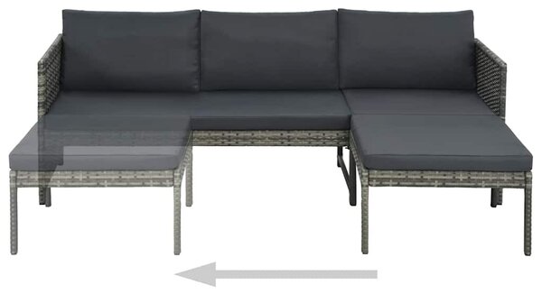 3-részes szürke polyrattan kerti bútorszett párnákkal