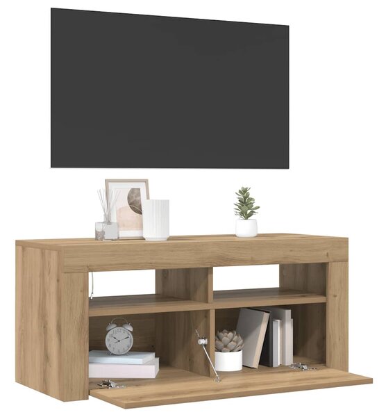 Kézműves tölgy szerelt fa TV-szekrény LED-ekkel 90x35x40 cm