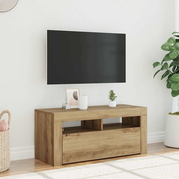 Kézműves tölgy szerelt fa TV-szekrény LED-ekkel 90x35x40 cm