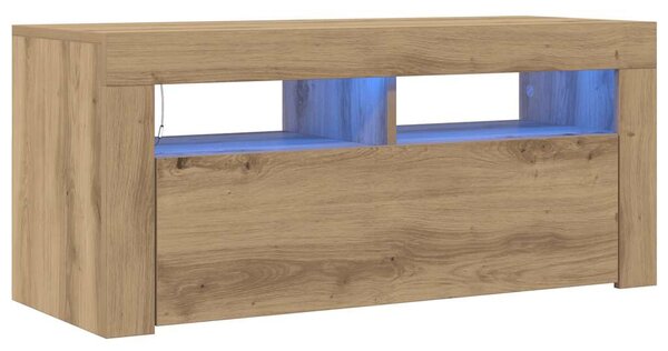 Kézműves tölgy szerelt fa TV-szekrény LED-ekkel 90x35x40 cm