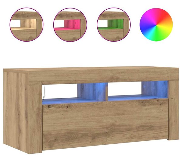 Kézműves tölgy szerelt fa TV-szekrény LED-ekkel 90x35x40 cm