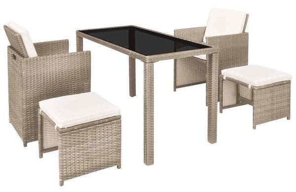 5-részes bézs polyrattan kültéri étkezőszett párnákkal