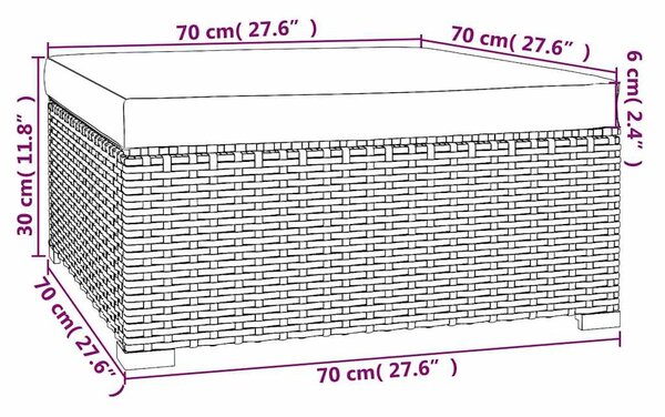 Fekete polyrattan kerti lábtartó párnával 70 x 70 x 30 cm