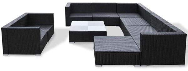 10-részes fekete polyrattan kerti bútorszett párnákkal