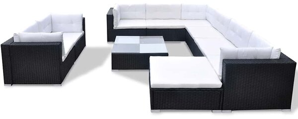 10-részes fekete polyrattan kerti bútorszett párnákkal