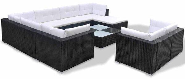 10-részes fekete polyrattan kerti bútorszett párnákkal