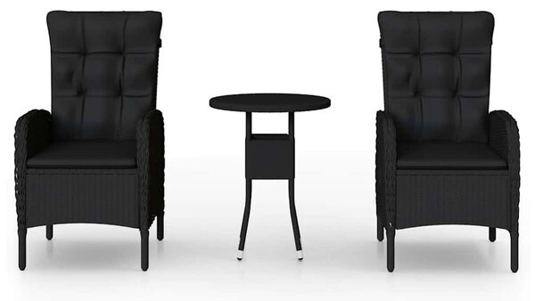 3 részes fekete polyrattan kerti étkezőgarnitúra párnákkal