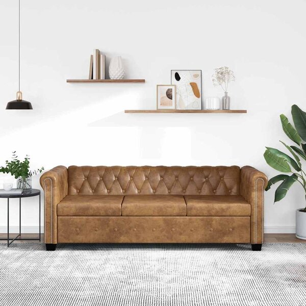 3 személyes barna műbőr Chesterfield kanapé