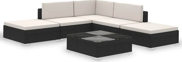 6-részes fekete polyrattan kerti bútorszett párnákkal