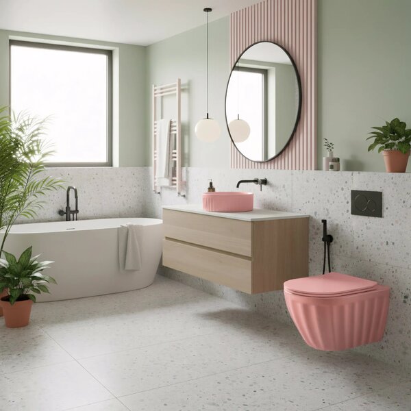 Szett: Fali WC csésze + Pultra szerelhető mosdókagyló Rea Duo Sweet Pink Matt
