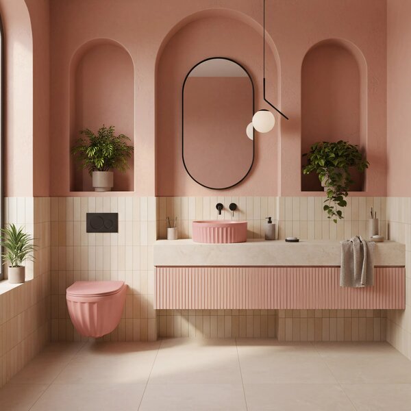 Szett: Fali WC csésze + Pultra szerelhető mosdókagyló Rea Duo Sweet Pink Matt