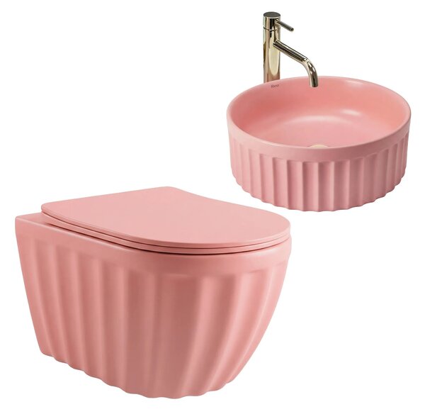 Szett: Fali WC csésze + Pultra szerelhető mosdókagyló Rea Duo Sweet Pink Matt