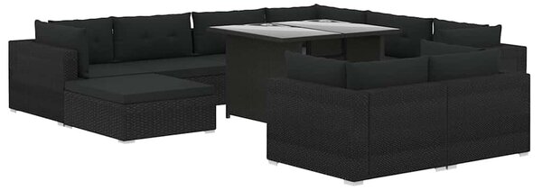 10-részes fekete polyrattan kerti bútorszett párnákkal