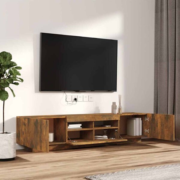 2 részes füstös tölgy színű fa TV-szekrény szett LED-lámpákkal