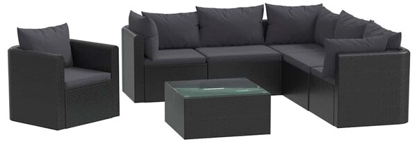 7-részes fekete polyrattan kerti társalgószett párnákkal