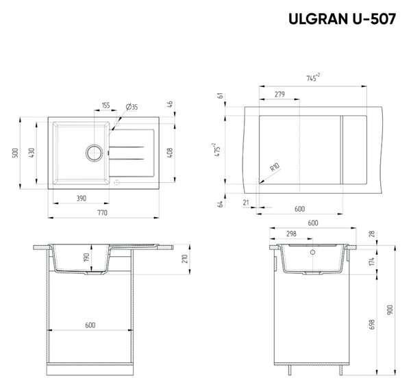 Ulgran U-507-344 Gránit Csepegtetőtálcás Mosogató és Gamma Nexo Mosogató Rugalmas Csaptelep Szett - Matt Fekete