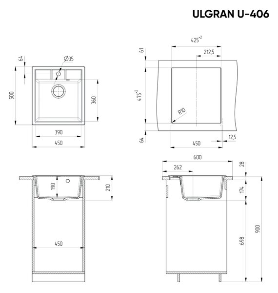 Ulgran U-406-344 Gránit Egymedencés Mosogatótálca és Gamma Nook Mosogató Csaptelep Szett - Matt Fekete
