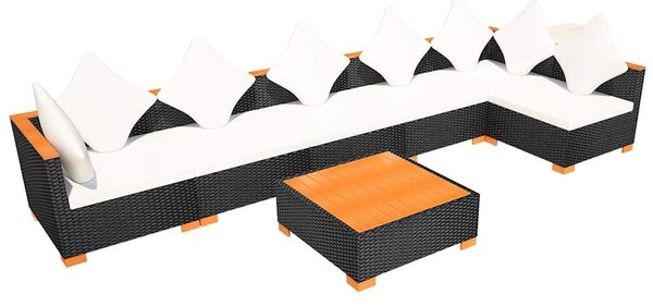 7-részes fekete polyrattan kerti bútorszett párnákkal