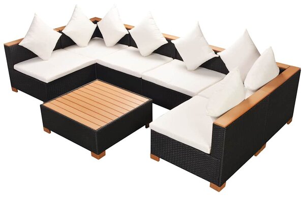 7-részes fekete polyrattan kerti bútorszett párnákkal