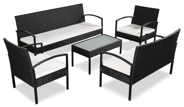 5-részes fekete polyrattan kerti bútorszett párnákkal