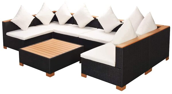 7-részes fekete polyrattan kerti bútorszett párnákkal