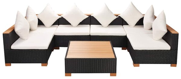 7-részes fekete polyrattan kerti bútorszett párnákkal