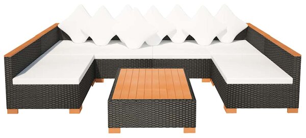 7-részes fekete polyrattan kerti bútorszett párnákkal