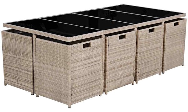 13-részes bézs polyrattan kültéri étkezőszett párnákkal