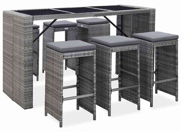 7 darabos szürke polyrattan kerti bárszett párnákkal