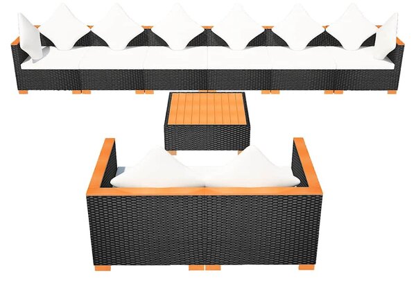 9-részes fekete polyrattan kerti bútorszett párnákkal