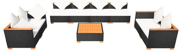 9-részes fekete polyrattan kerti bútorszett párnákkal