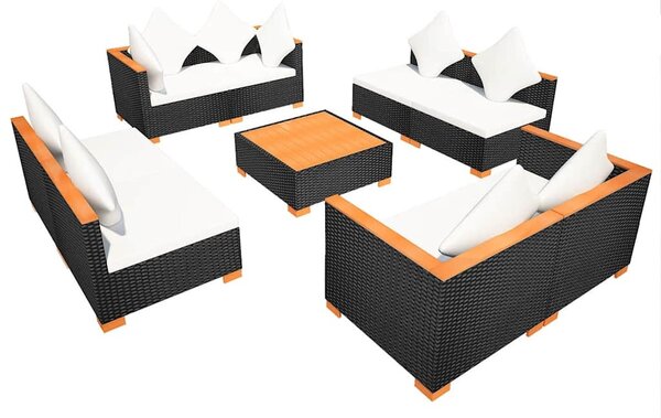 9-részes fekete polyrattan kerti bútorszett párnákkal