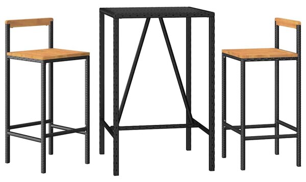 3 részes fekete polyrattan és tömör akácfa kerti bárszett