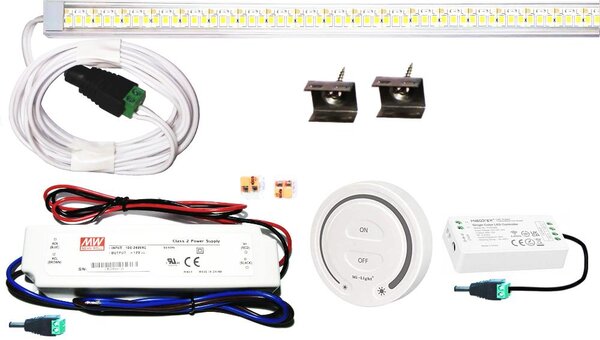 50cm-es 10 Wattos, 12 Voltos melegfehér LED átlátszó keskeny alumínium profilban, fix tápegységgel, RF FUT087 1-zónás fali távirányítós vezérlővel (120db 2835 SMD LED)