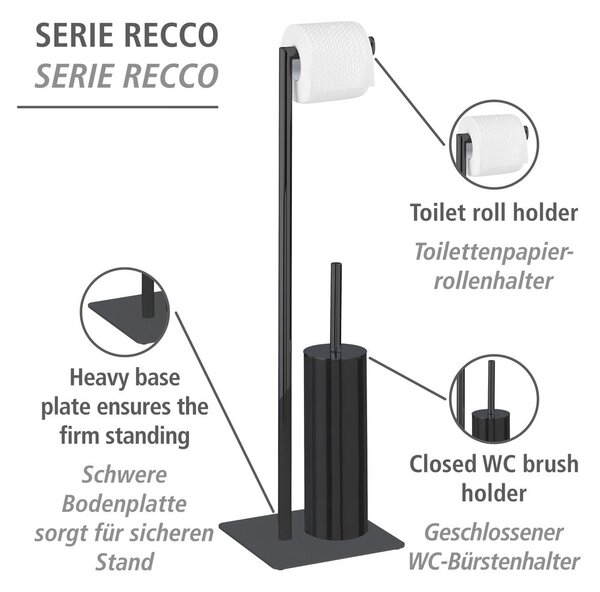 Fekete acél WC-papír tartó állvány kefével Recco – Wenko