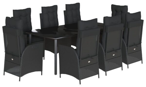9 részes fekete polyrattan kerti étkezőgarnitúra párnákkal