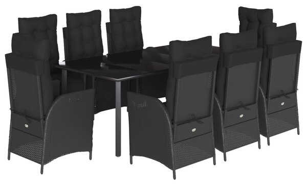 9 részes fekete polyrattan kerti étkezőgarnitúra párnákkal