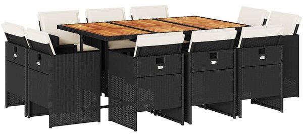 11 részes fekete polyrattan kerti étkezőgarnitúra párnákkal