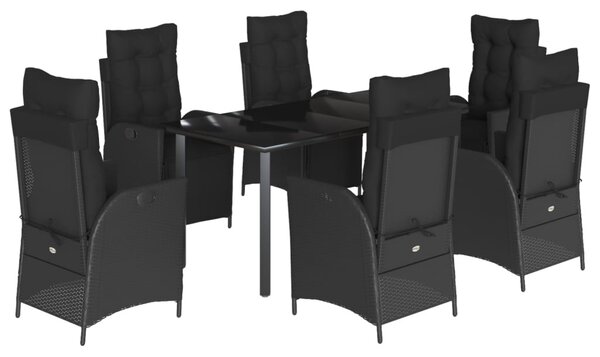 7 részes fekete polyrattan kerti étkezőgarnitúra párnával