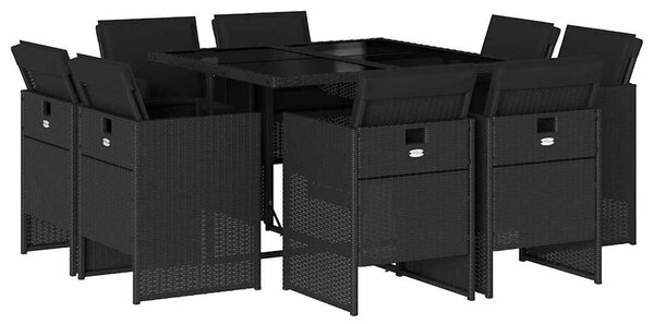 9 részes fekete polyrattan kerti étkezőgarnitúra párnákkal