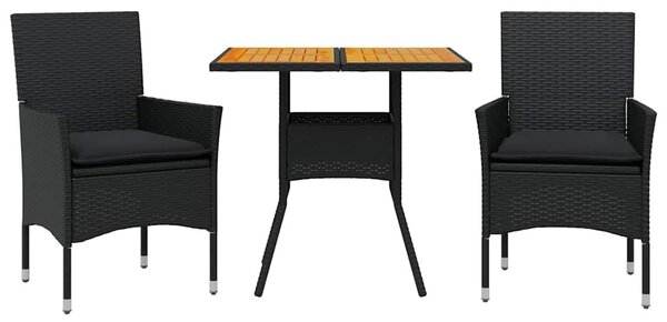 3részes fekete polyrattan/akácfa kerti étkezőgarnitúra párnákkal