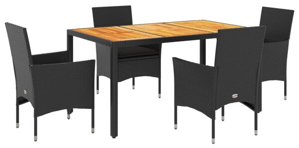 5részes fekete polyrattan/akácfa kerti étkezőgarnitúra párnákkal