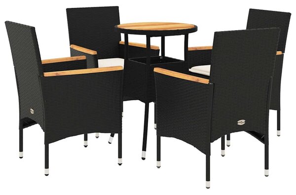5részes fekete polyrattan/akácfa kerti étkezőgarnitúra párnákkal