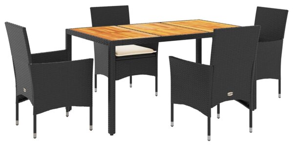 5részes fekete polyrattan/akácfa kerti étkezőgarnitúra párnákkal