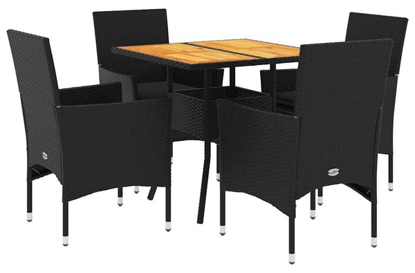5részes fekete polyrattan/akácfa kerti étkezőgarnitúra párnákkal