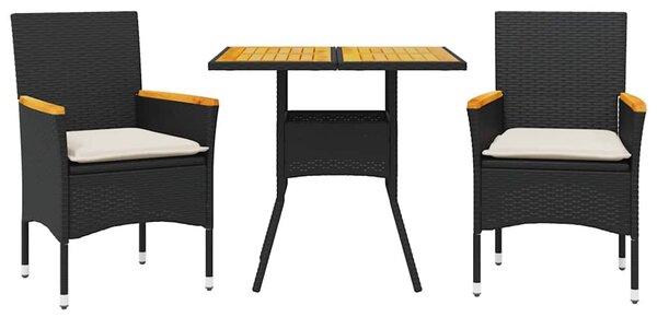 3részes fekete polyrattan/akácfa kerti étkezőgarnitúra párnákkal