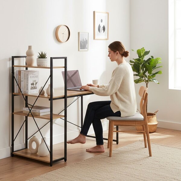 Intenso Home íróasztal / számítógépasztal polcokkal 120x64cm | Masszív fém váz, fekete - Aranytölgy szín