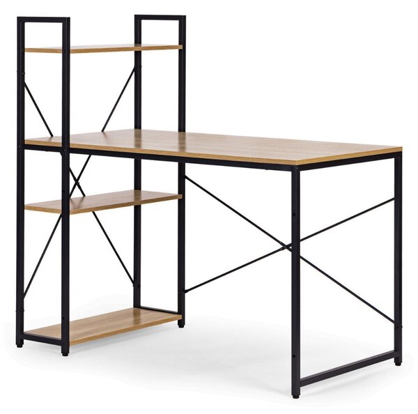 Intenso Home íróasztal / számítógépasztal polcokkal 120x64cm | Masszív fém váz, fekete - Aranytölgy szín