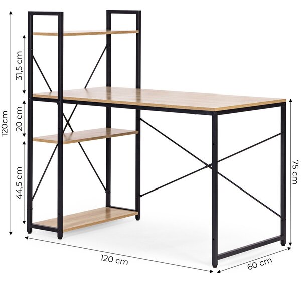 Intenso Home íróasztal / számítógépasztal polcokkal 120x64cm | Masszív fém váz, fekete - Aranytölgy szín