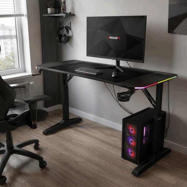 Pevný herní stůl 120x60cm, RGB LED, výběr výšky, melamin, carbon, LT-H1212 BK